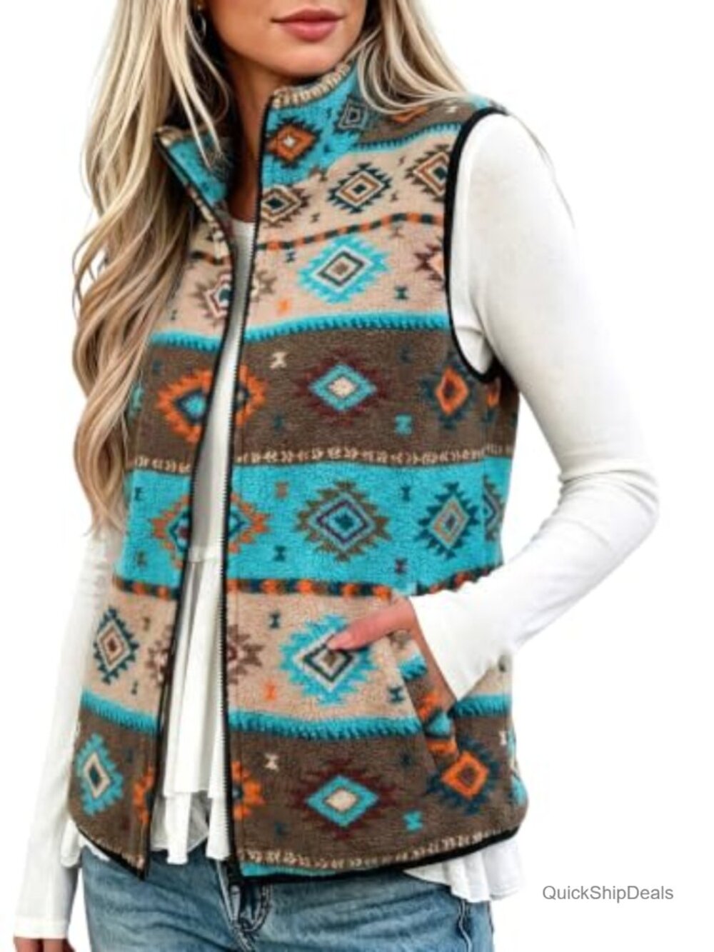 Sherpa Fleece Vest Women Zip Up Stand Collar Sleeveless Jacket Aztec